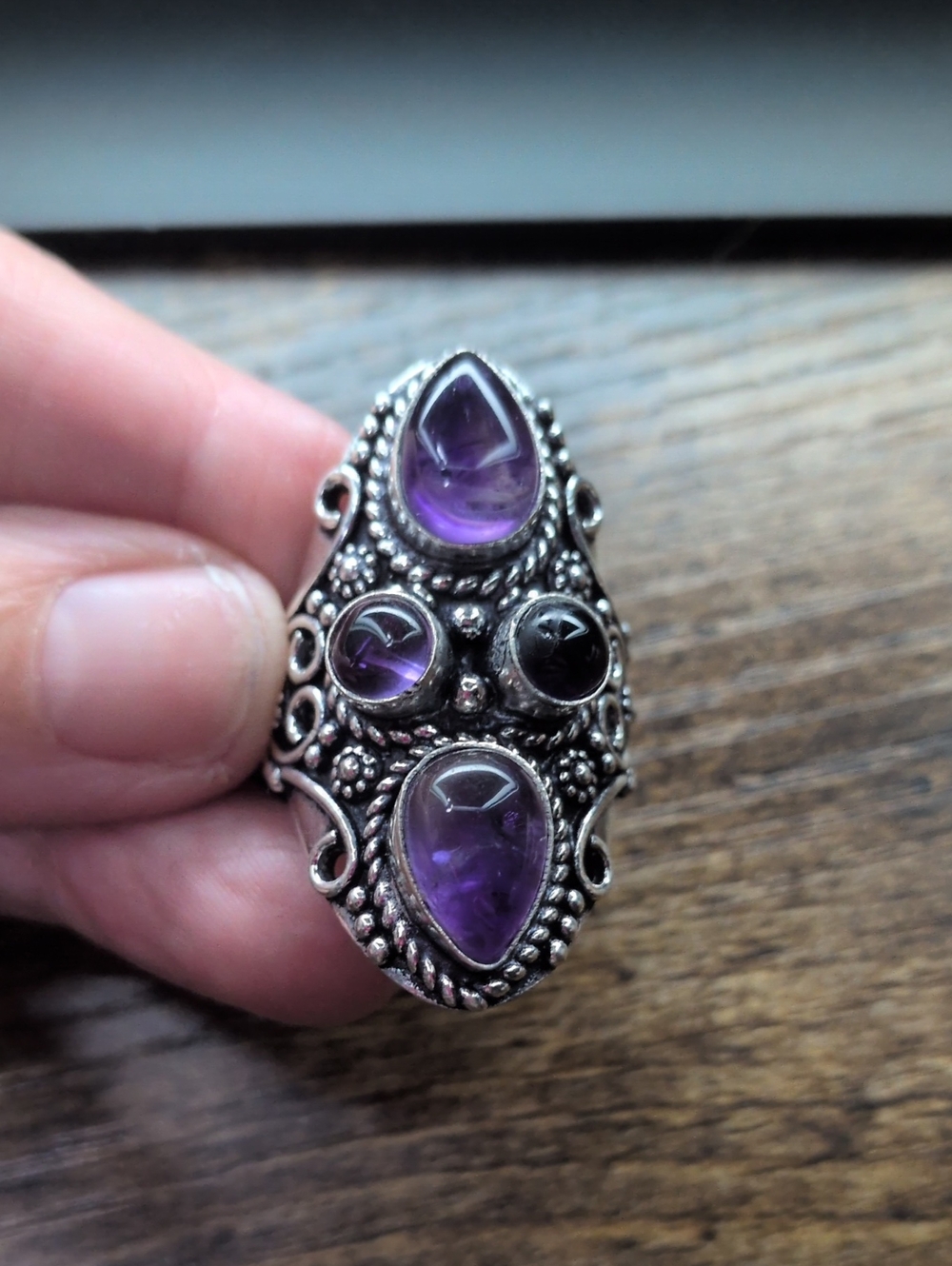 Sterling Silver Amethyst Teardrop Statement Ring - Purple